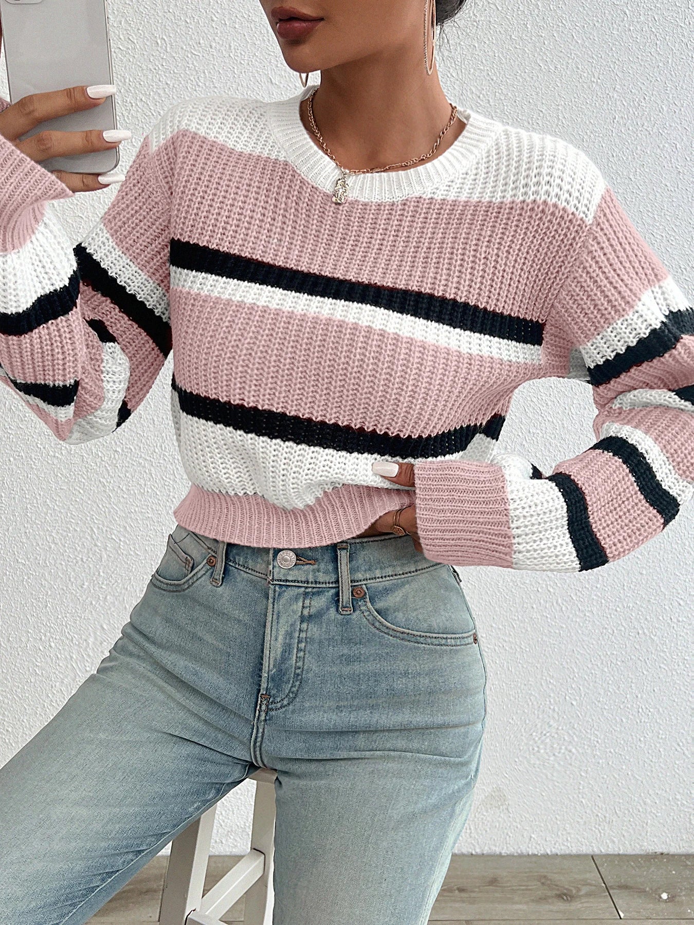 Loose Drop Shoulder Knitted Long Sleeve Sweater