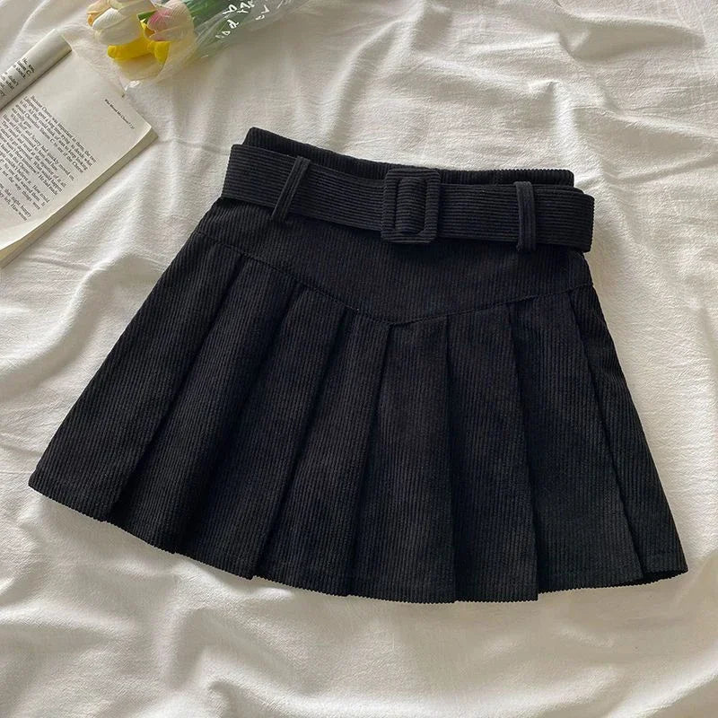Corduroy Belted Pleated Skirt