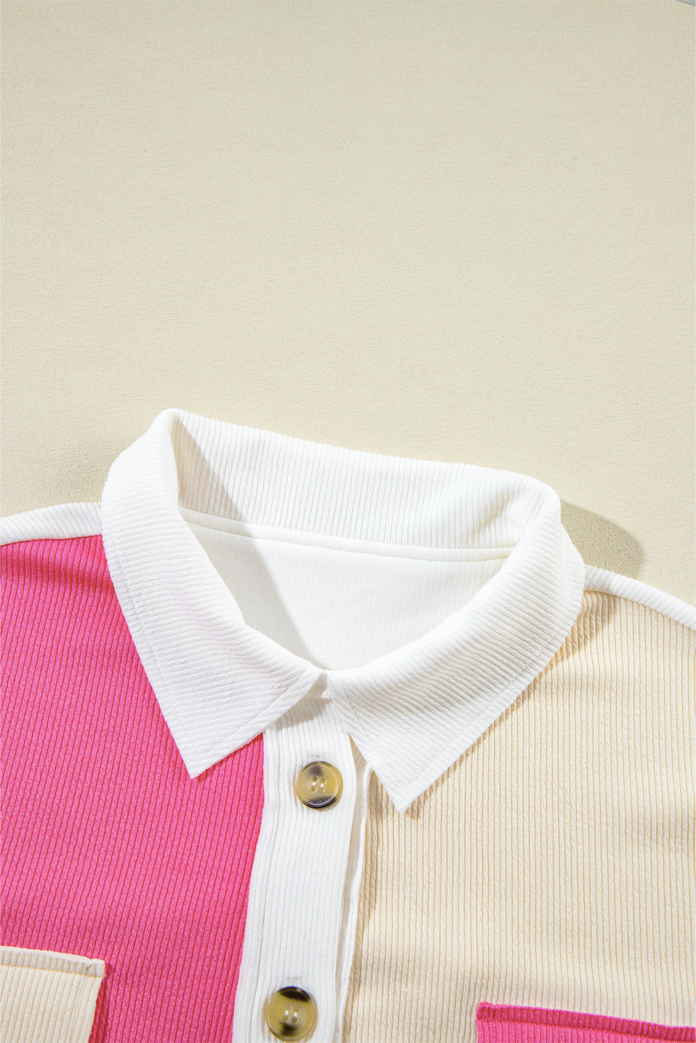 Colorblock Patchwork Ribbed Oversized Henley Sweatshirt