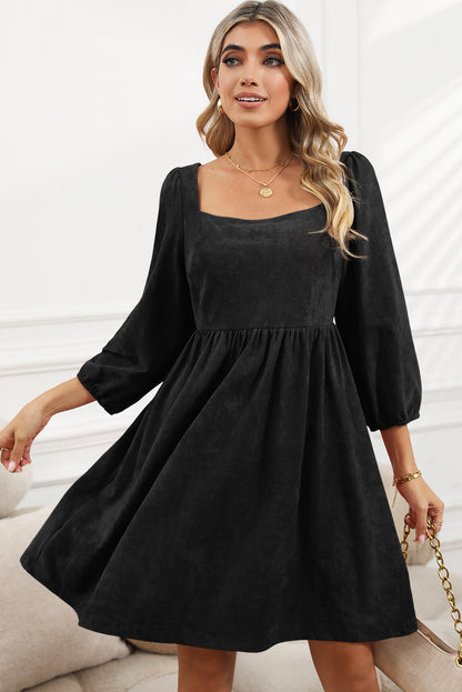 Black Washed Square Neck High Waist Flared Short Dress