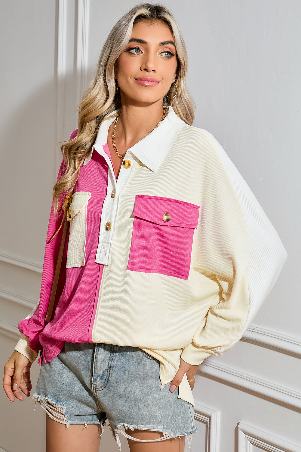 Colorblock Patchwork Ribbed Oversized Henley Sweatshirt