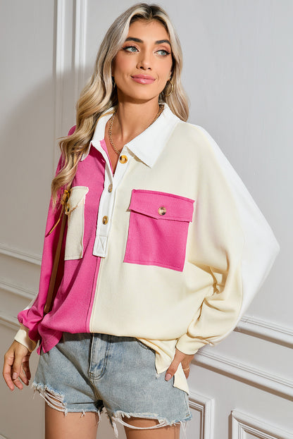 Colorblock Patchwork Ribbed Oversized Henley Sweatshirt