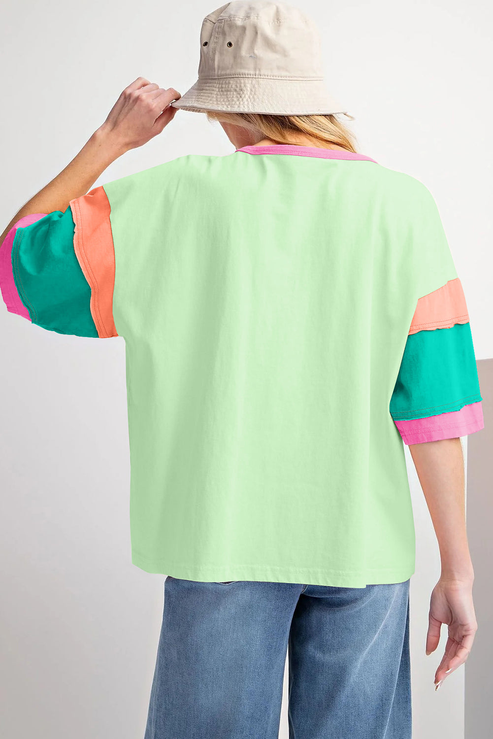 Light Blue Color Block Sleeve Round Neck Oversize Top