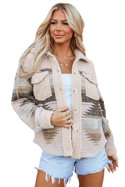 Aztec Print Sherpa Splicing Buttoned Flap Pocket Coat