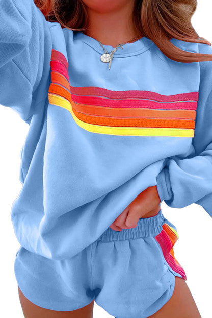 Bonbon Colorful Striped Long Sleeve Pullover and Shorts Set