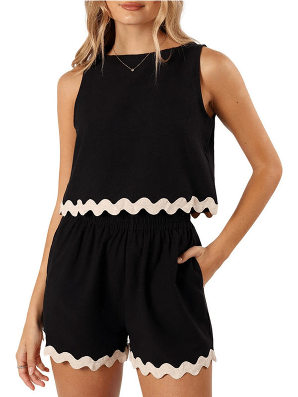 Contrast Trim Round Neck Top and Shorts Set main image 0