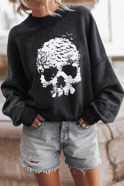 Black Skull Graphic Drop Shoulder Sweatshirt