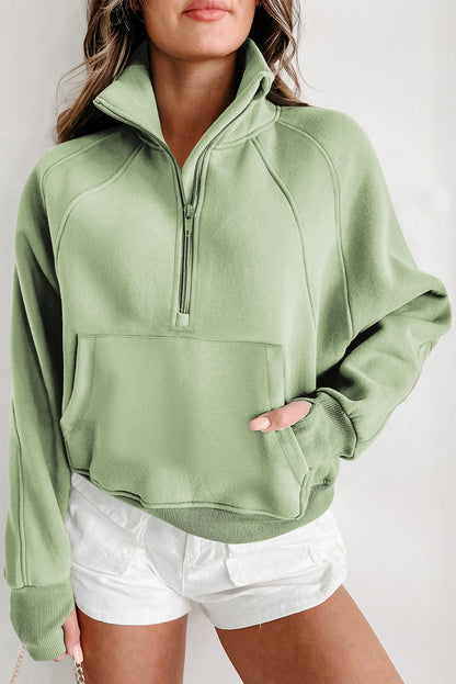 Zip Up Stand Collar Ribbed Thumbhole Sleeve Sweatshirt