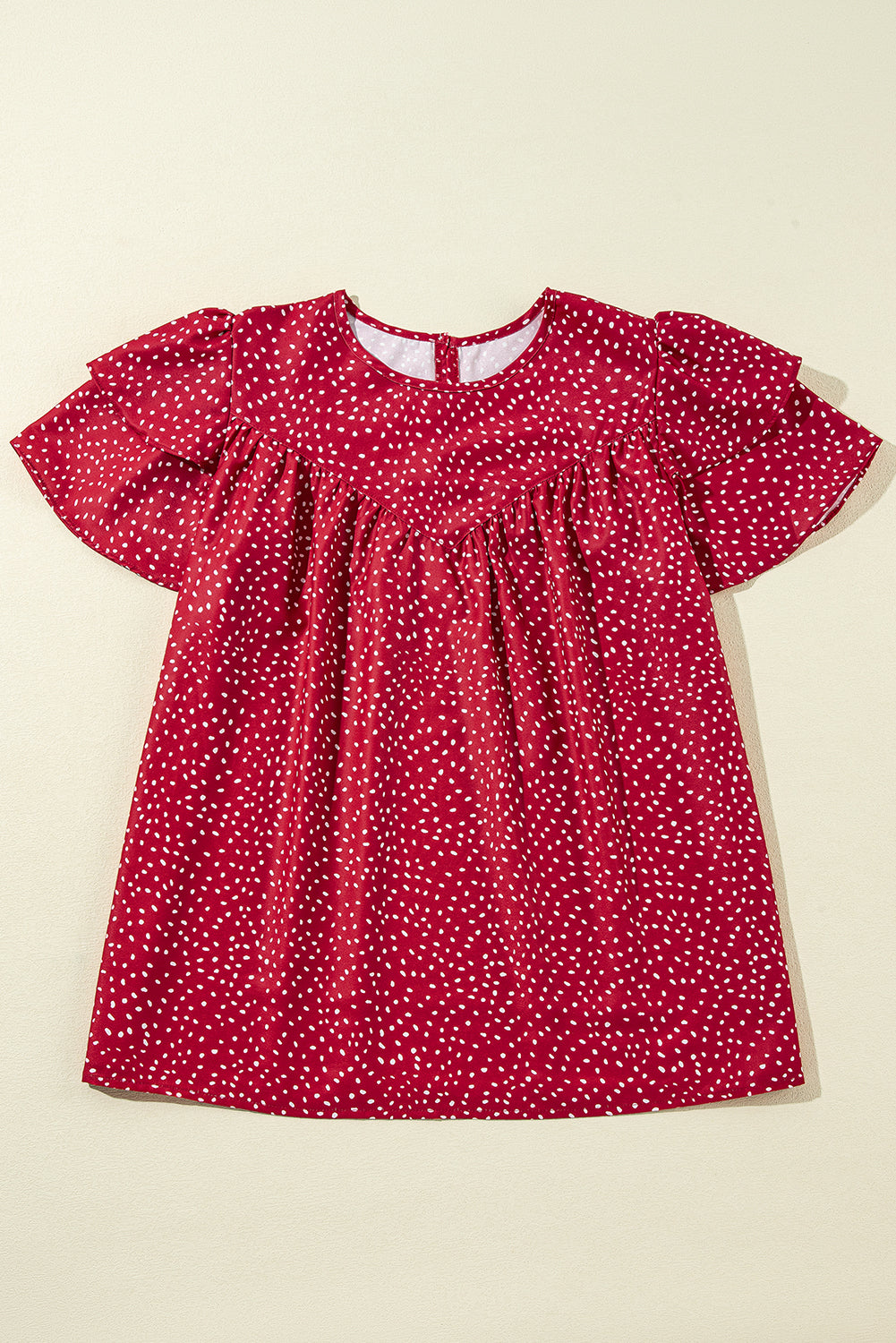 Fiery Red Spotted Print Pleated Ruffle Sleeve Blouse