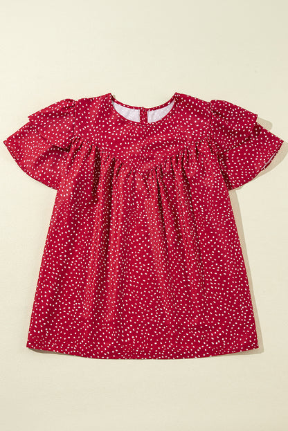 Fiery Red Spotted Print Pleated Ruffle Sleeve Blouse