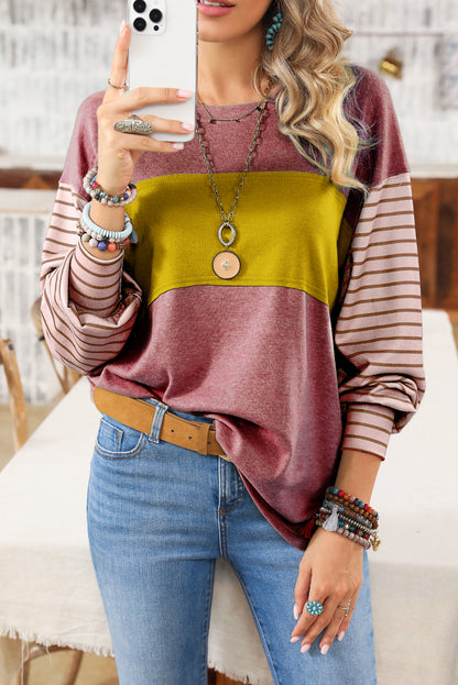 Peach Blossom Colorblock Striped Bishop Sleeve Top