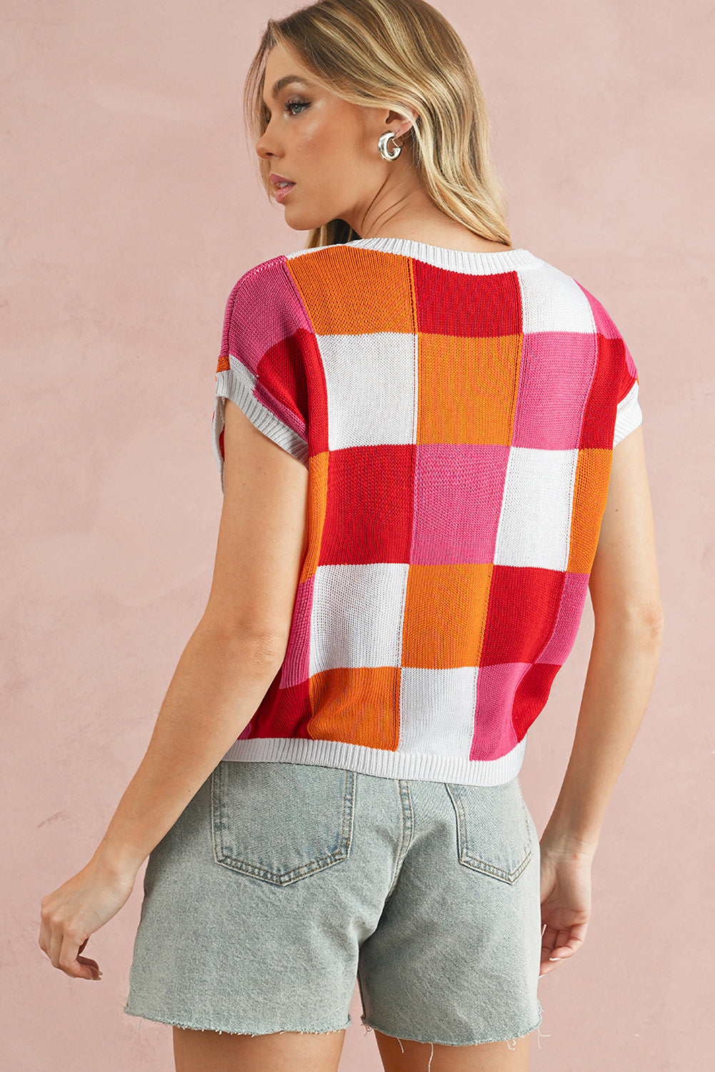 Dark Blue Checkered Color Block Cap Sleeve Knitted Top