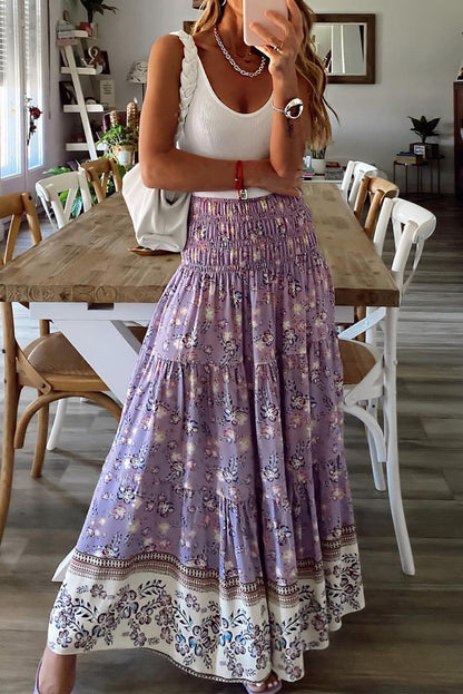 Purple Floral Print Shirred High Waist Maxi Skirt