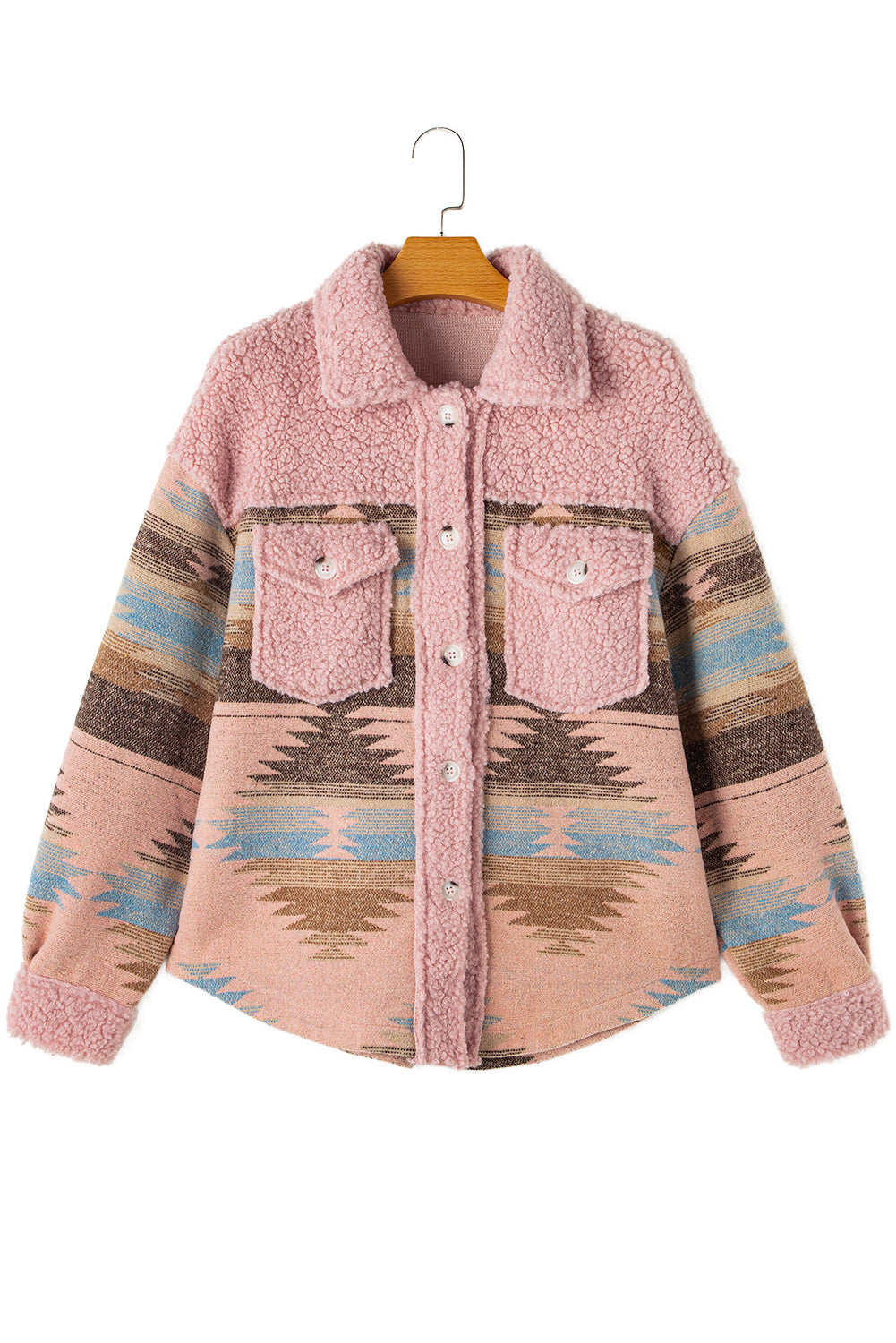 Aztec Print Sherpa Splicing Buttoned Flap Pocket Coat