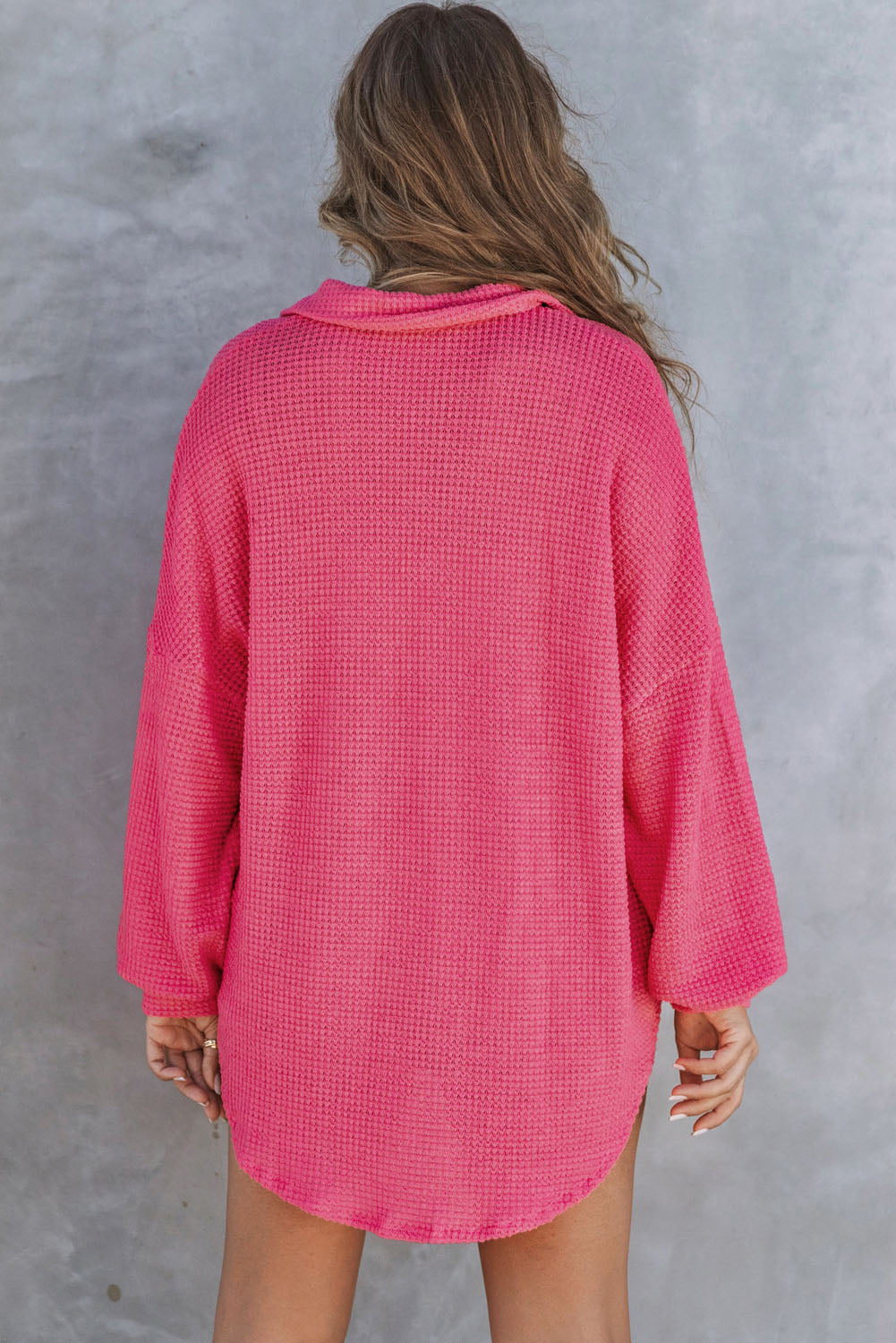 Hot Pink Pocket Buttons Front Waffle Knit Shacket