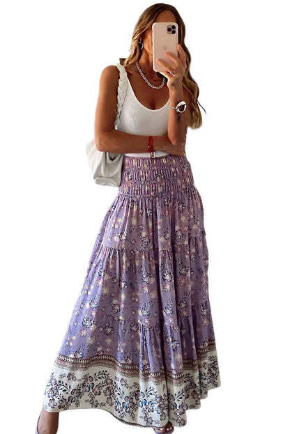 Purple Floral Print Shirred High Waist Maxi Skirt