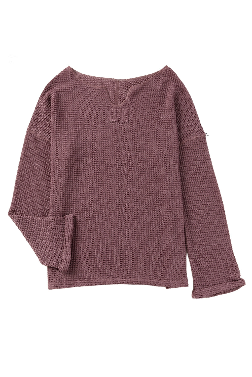 Purple Waffle Knit Split V Neck Drop Shoulder Long Sleeve Top