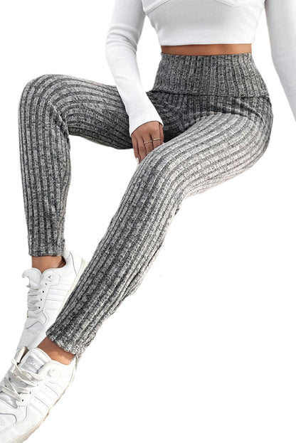 Black Wide Waistband Ribbed Textured Knit Leggings