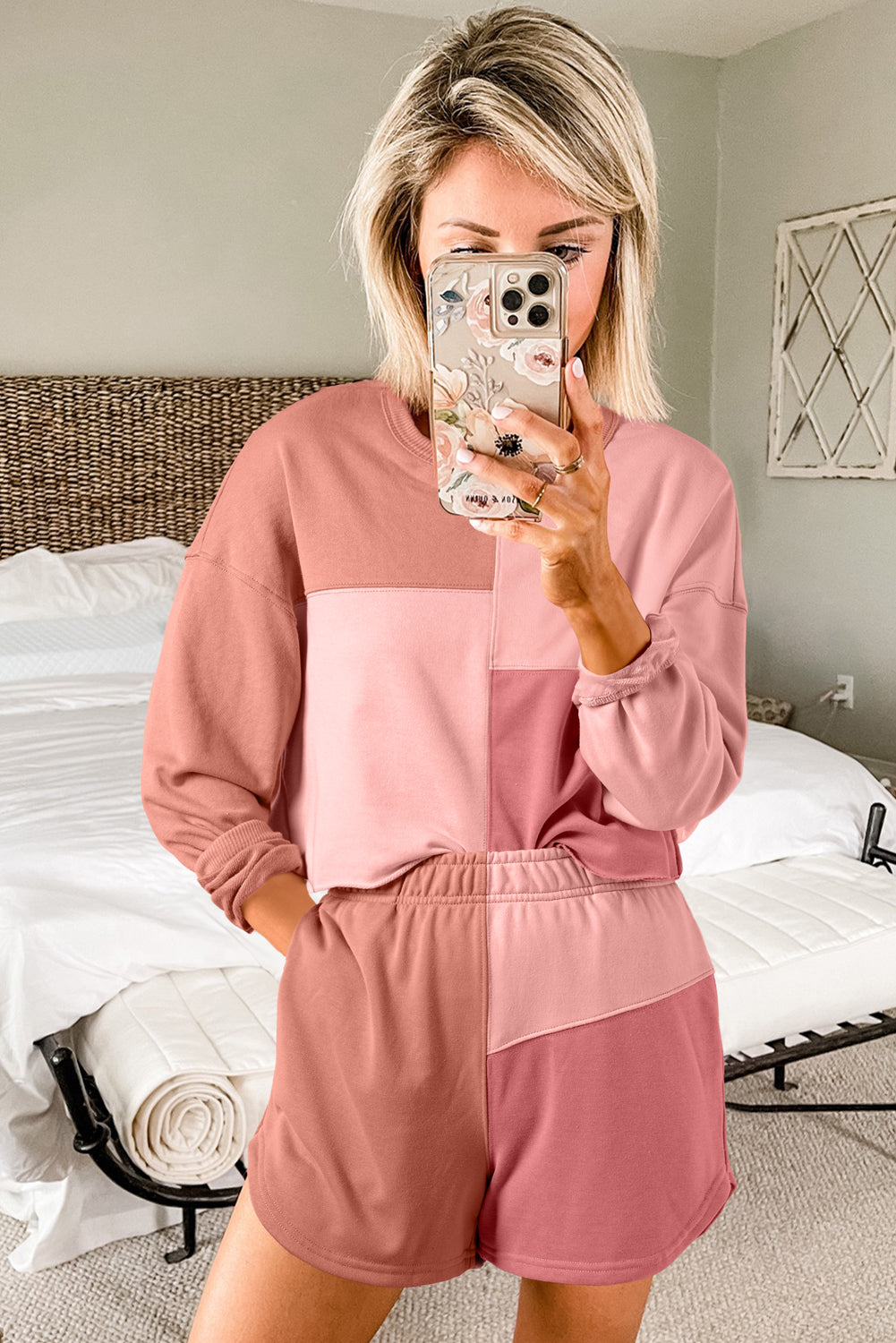 Peach Blossom Colorblock Long Sleeve Top & Pocketed Shorts Set