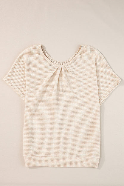 Oatmeal Guipure Lace Splicing Back Waffle Textured T-shirt