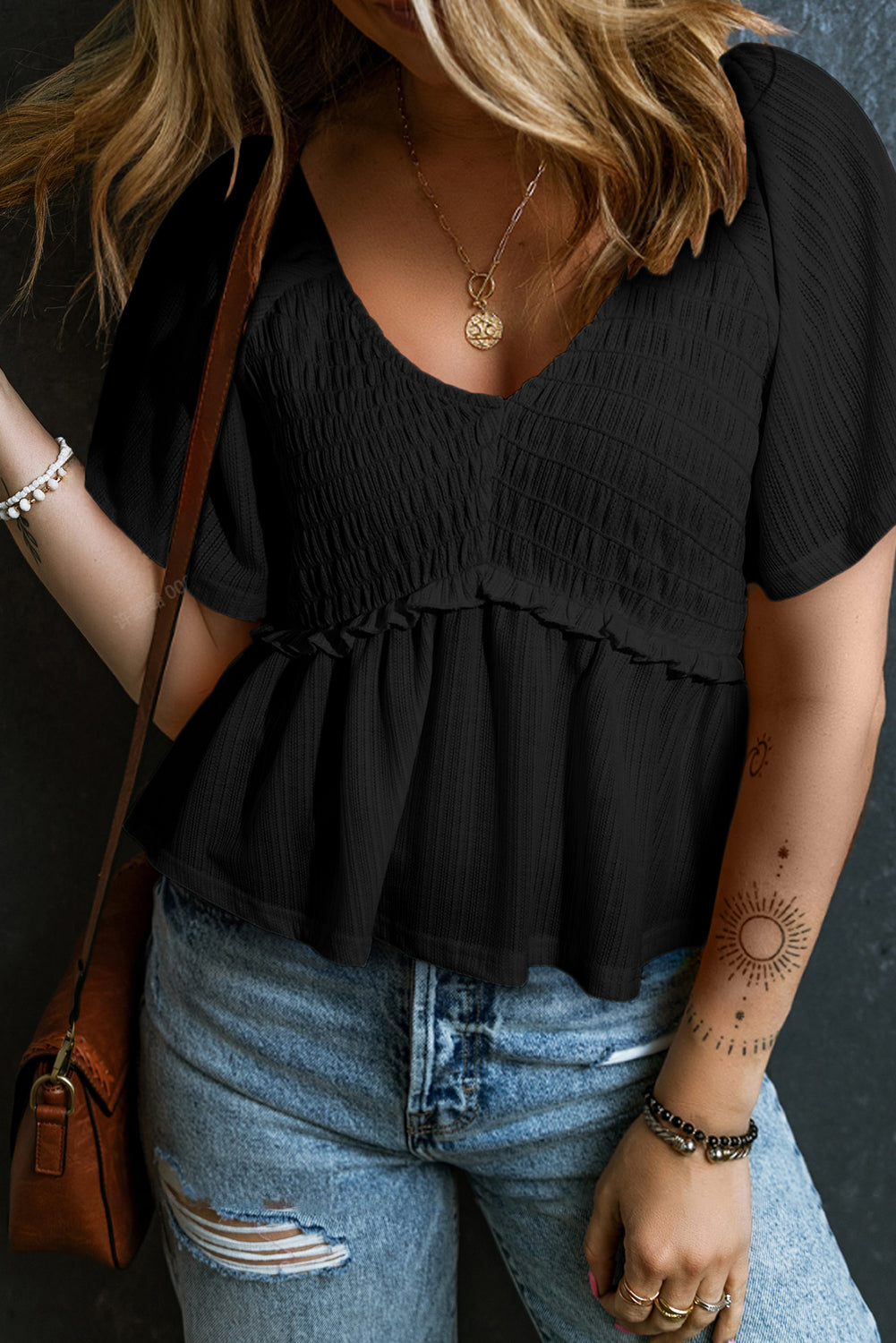 Tomato Red Shirred V Neck Short Flutter Sleeve Textured Blouse