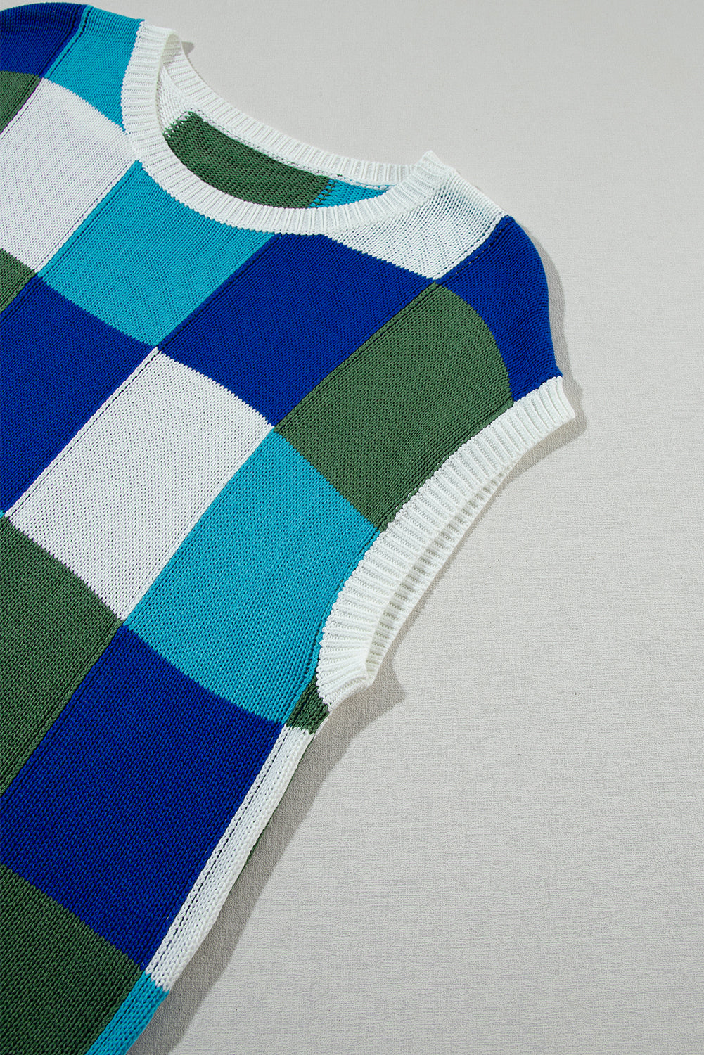 Dark Blue Checkered Color Block Cap Sleeve Knitted Top