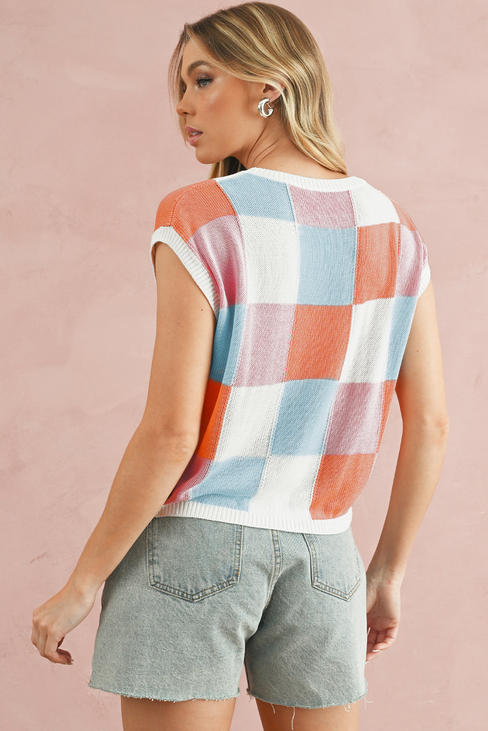 Dark Blue Checkered Color Block Cap Sleeve Knitted Top