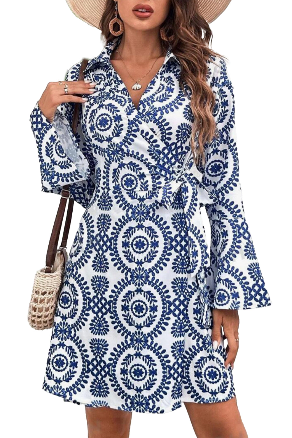 Blue Boho Wrap V-Neck Knotted Mini Dress