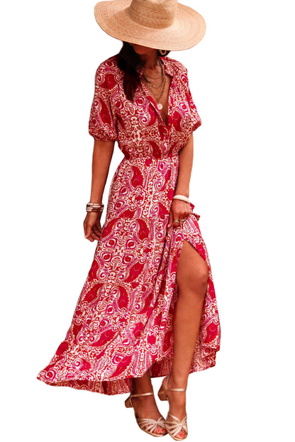 Red Paisley Slit Puff Sleeve High Waist Maxi Dress