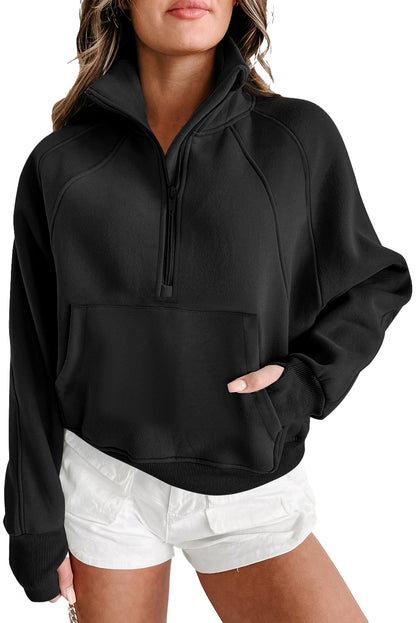 Zip Up Stand Collar Ribbed Thumbhole Sleeve Sweatshirt