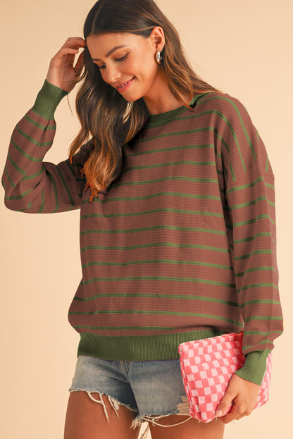 Orange Stripe Round Neck Drop Shoulder Loose Sweater