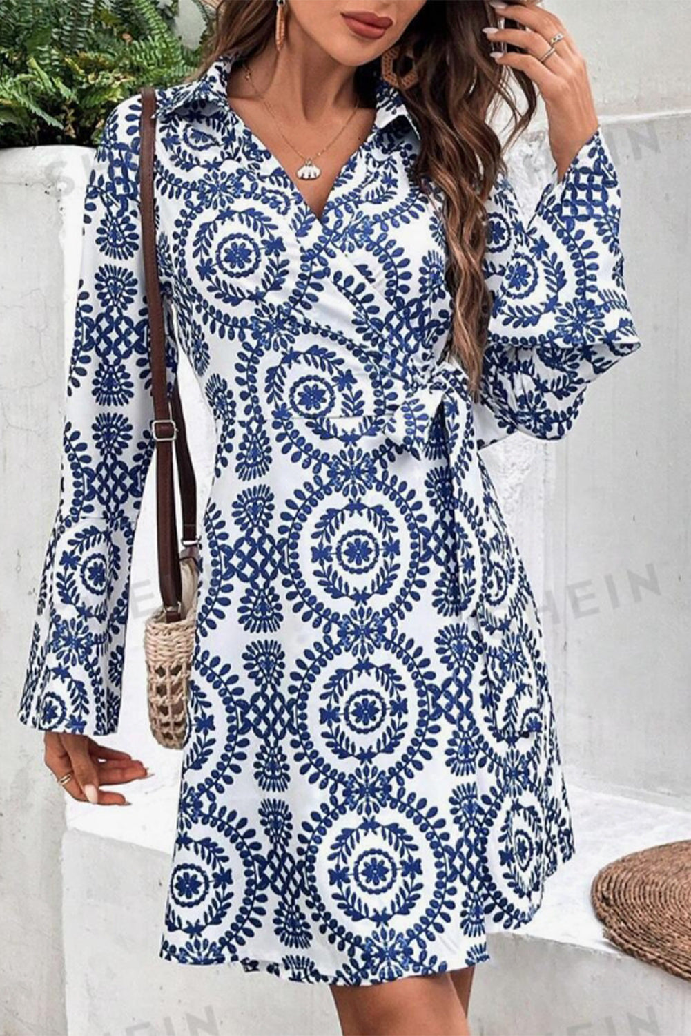 Blue Boho Wrap V-Neck Knotted Mini Dress