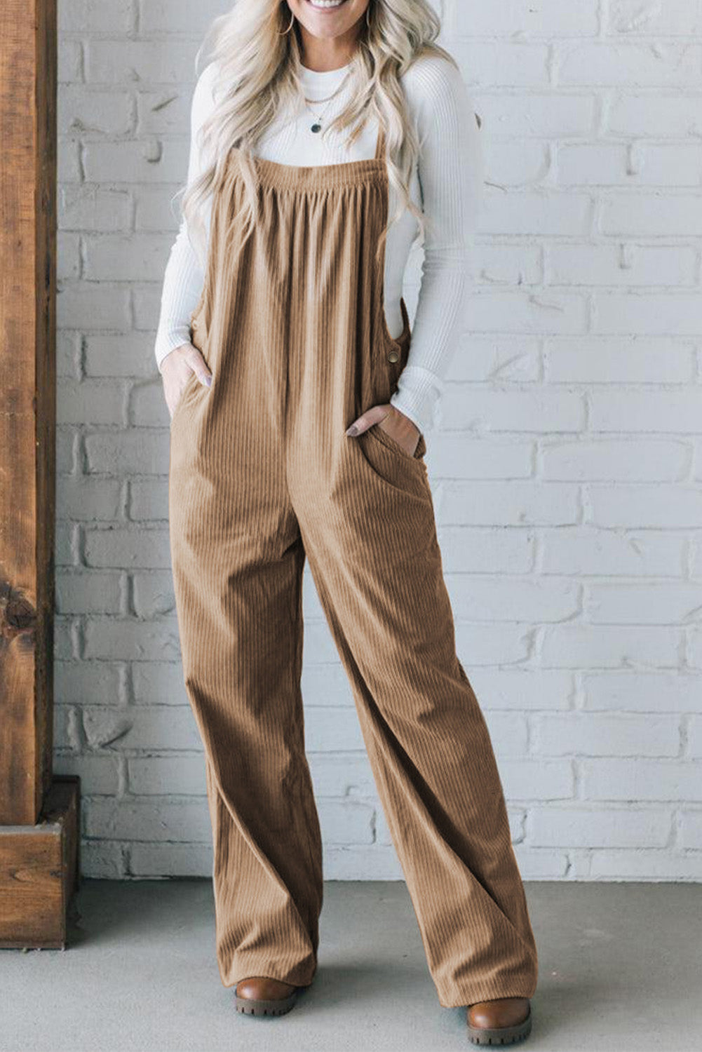 Black Plain Pocketed Loose Fit Corduroy Overalls