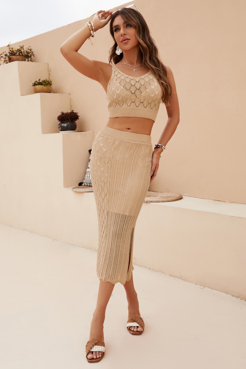 Openwork Cropped Tank and Split Skirt Set