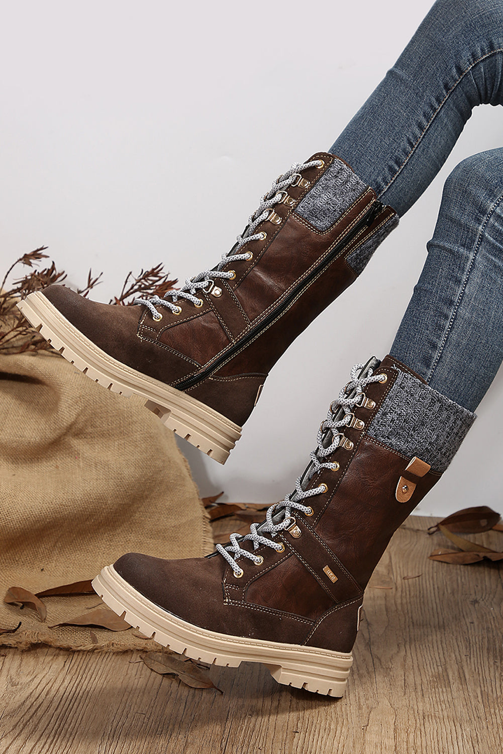 Coffee Wool Knit Patchwork Lace Up Leather Boots