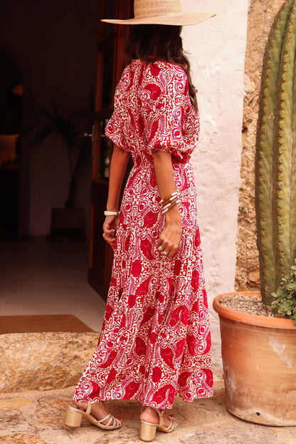 Red Paisley Slit Puff Sleeve High Waist Maxi Dress