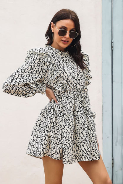 Printed Ruffle Trim Smocked Long Sleeve Mini Dress