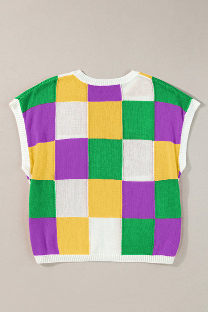 Dark Blue Checkered Color Block Cap Sleeve Knitted Top