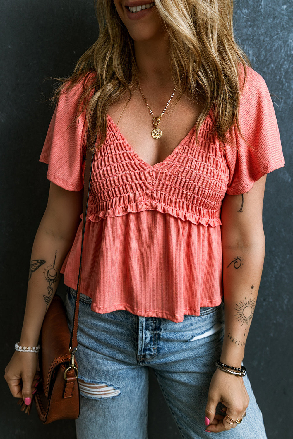 Tomato Red Shirred V Neck Short Flutter Sleeve Textured Blouse