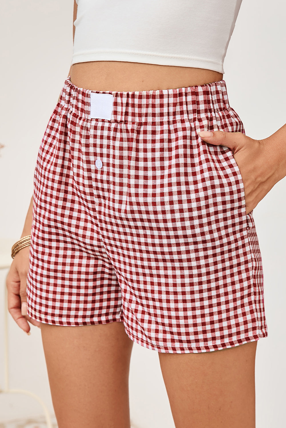 Red Vintage Plaid Print High Waisted Loose Wide Leg Shorts