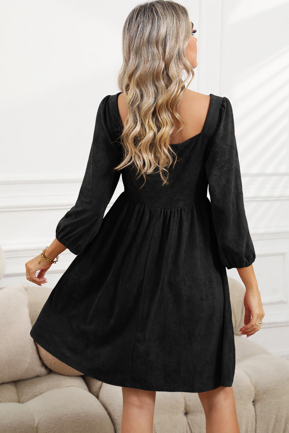 Black Washed Square Neck High Waist Flared Short Dress