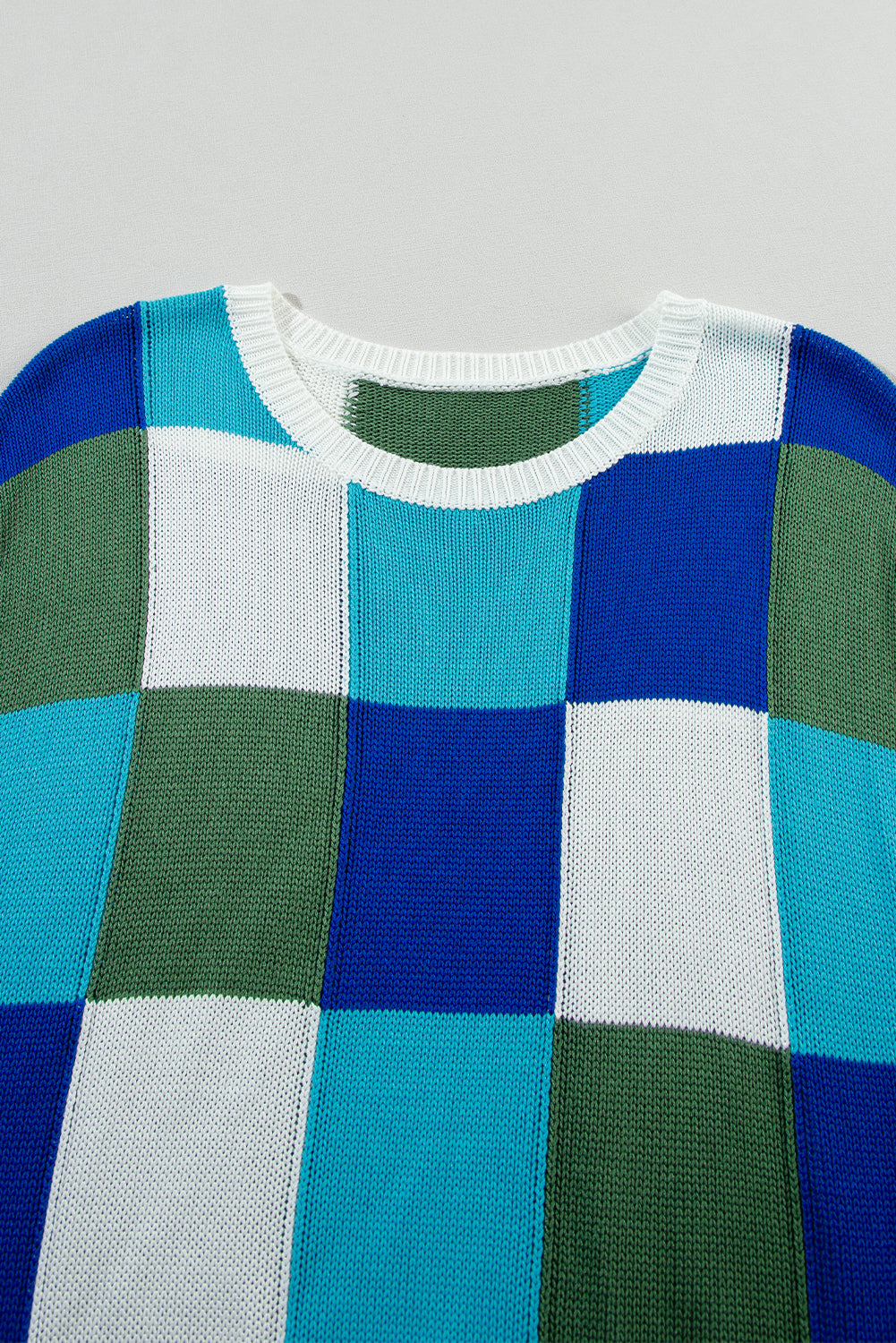 Dark Blue Checkered Color Block Cap Sleeve Knitted Top