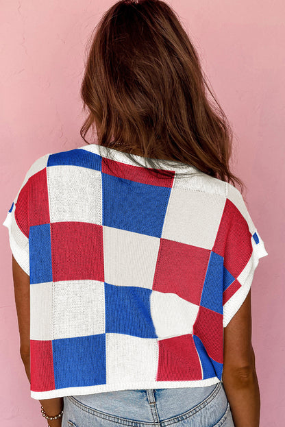 Dark Blue Checkered Color Block Cap Sleeve Knitted Top