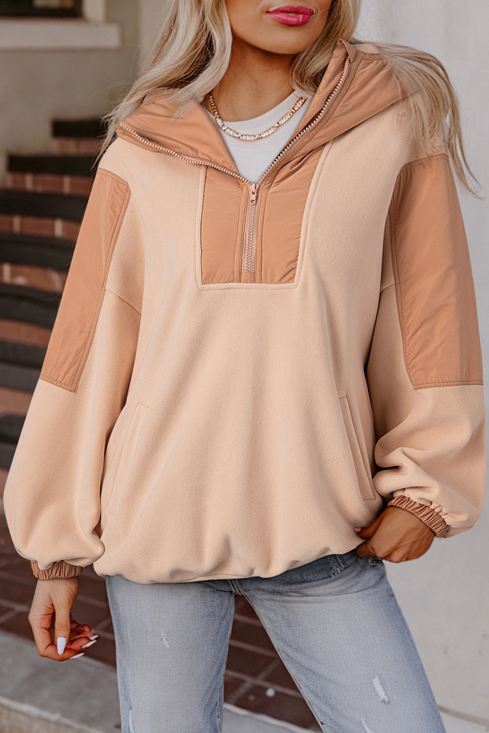 Patchwork Half Zip Oversized Sherpa Hoodie