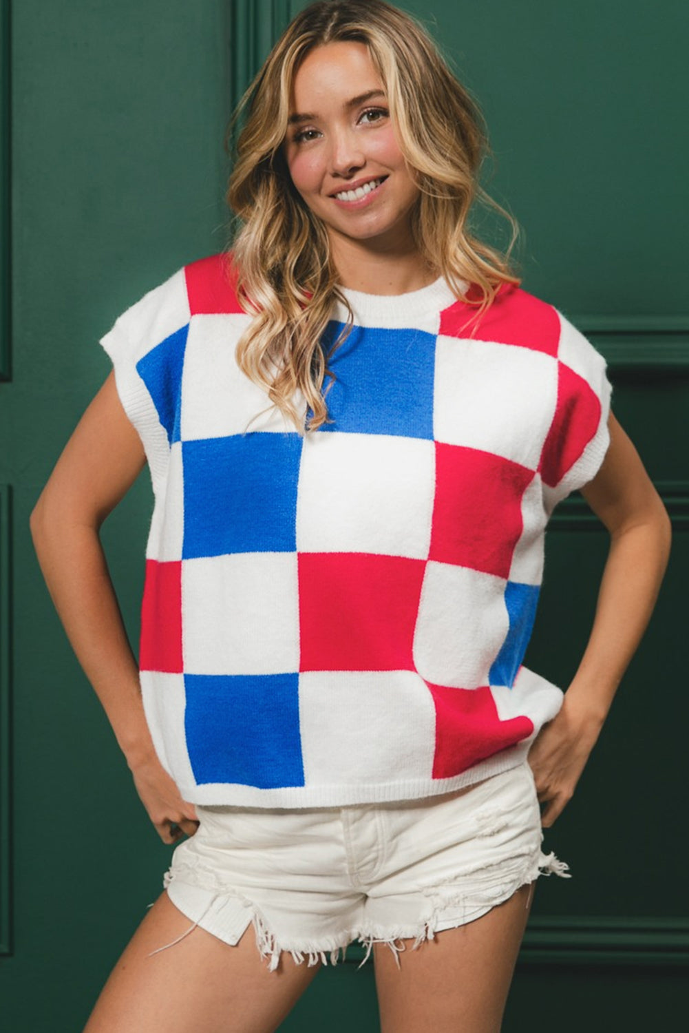 Dark Blue Checkered Color Block Cap Sleeve Knitted Top