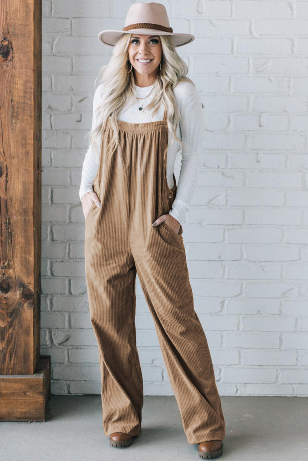 Black Plain Pocketed Loose Fit Corduroy Overalls