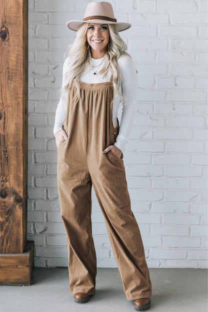 Black Plain Pocketed Loose Fit Corduroy Overalls