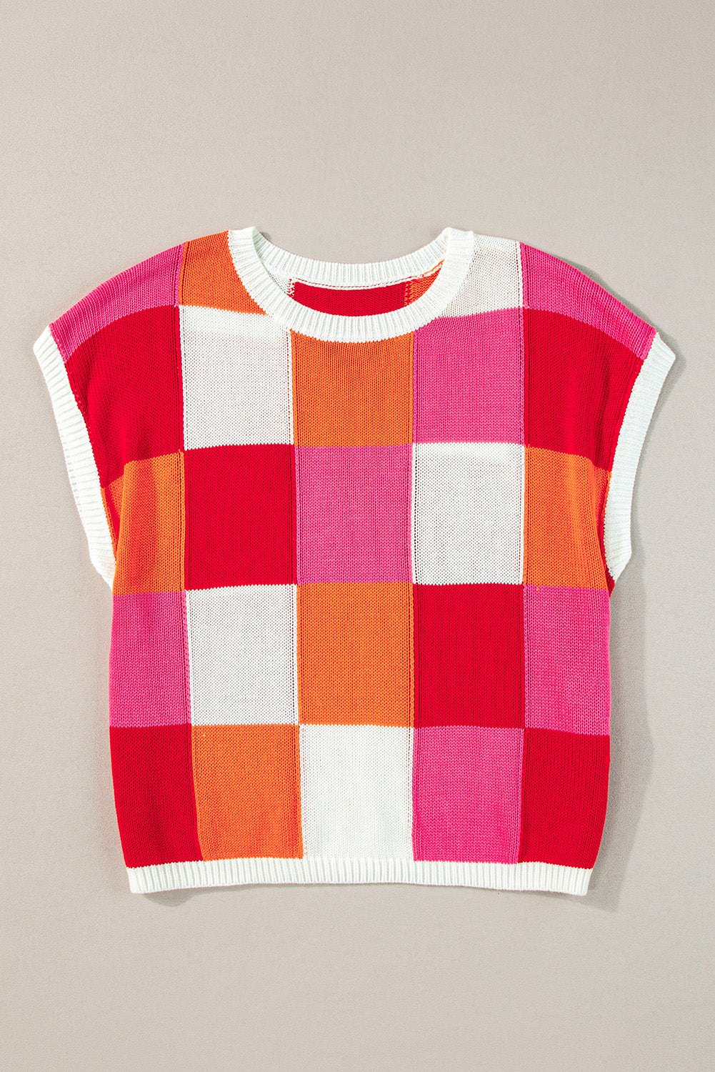 Dark Blue Checkered Color Block Cap Sleeve Knitted Top