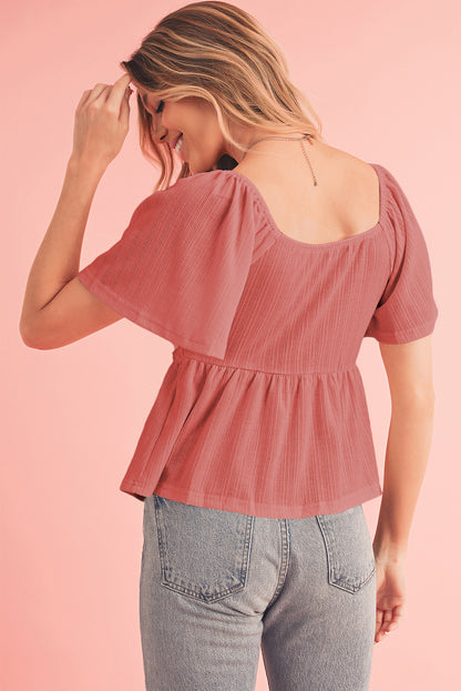 Tomato Red Shirred V Neck Short Flutter Sleeve Textured Blouse