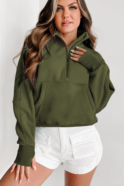 Zip Up Stand Collar Ribbed Thumbhole Sleeve Sweatshirt